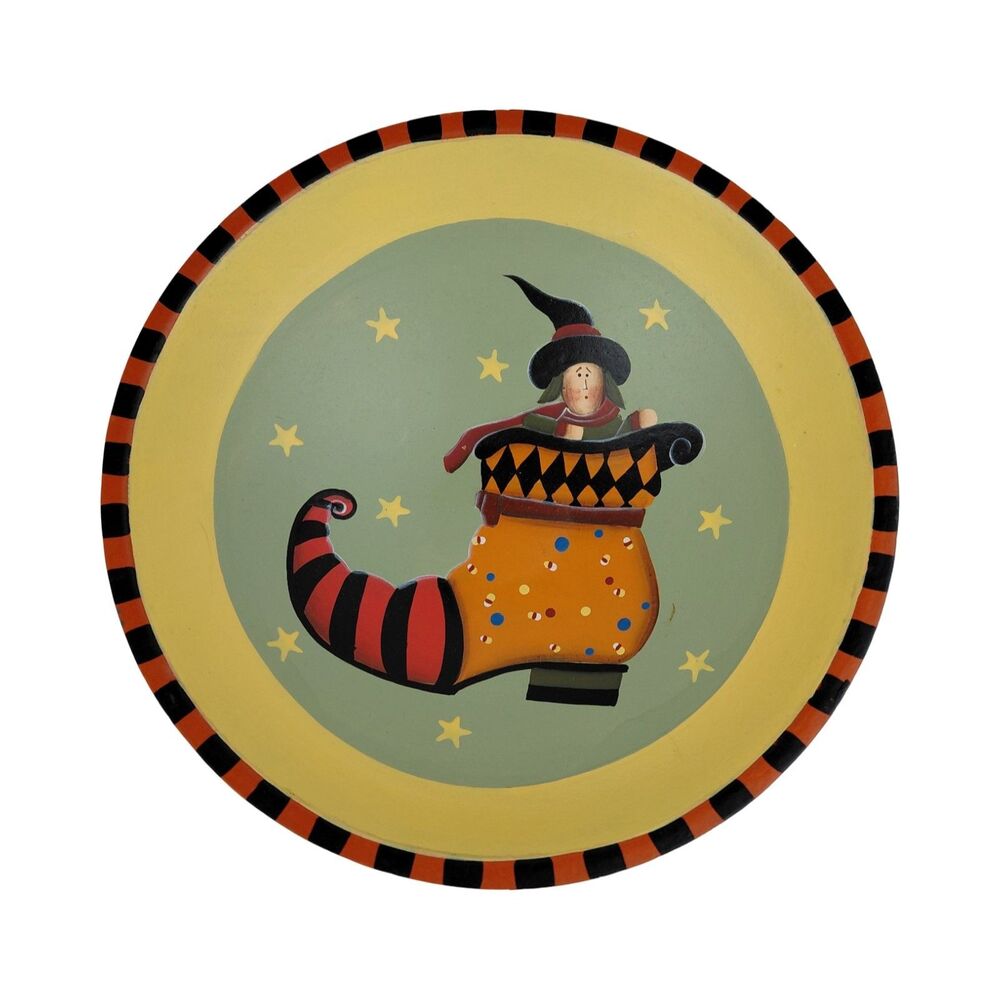 Halloween Witch Boot Decorative Wood Bowl Folk Art Decor Vtg Primitive